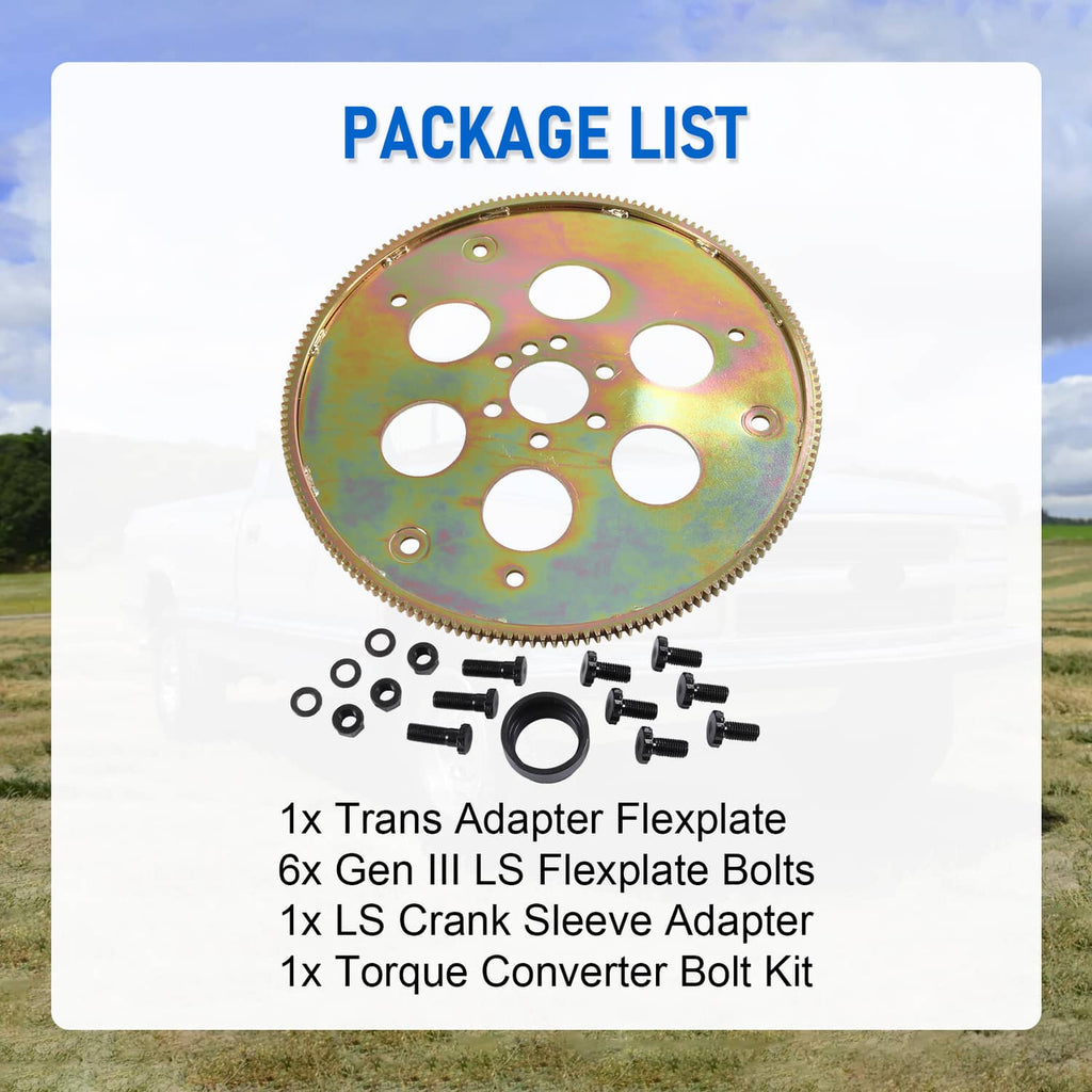 Transmission adapter set with rainbow-finish ring gear, bolts, and flexplate parts