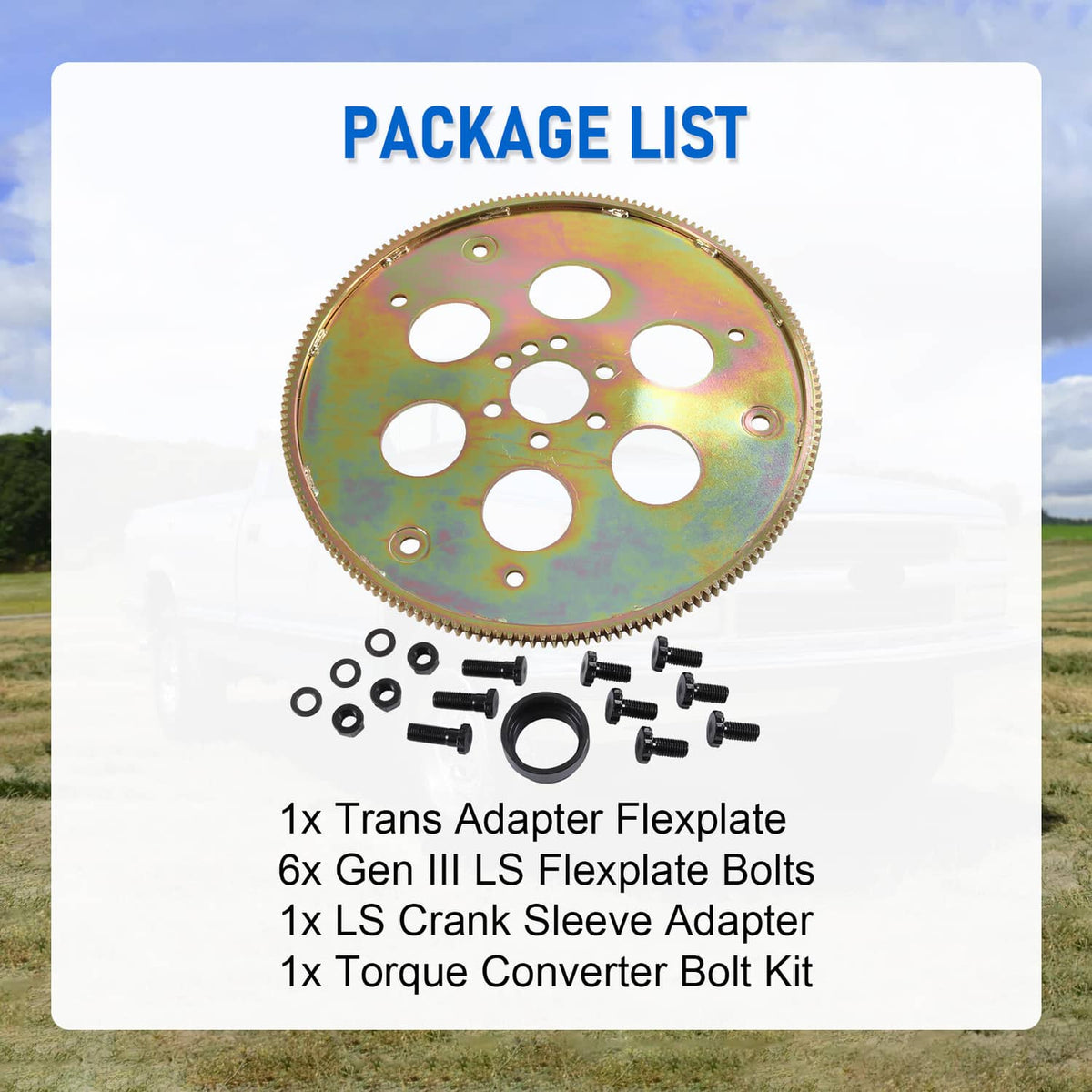 Transmission adapter set with rainbow-finish ring gear, bolts, and flexplate parts