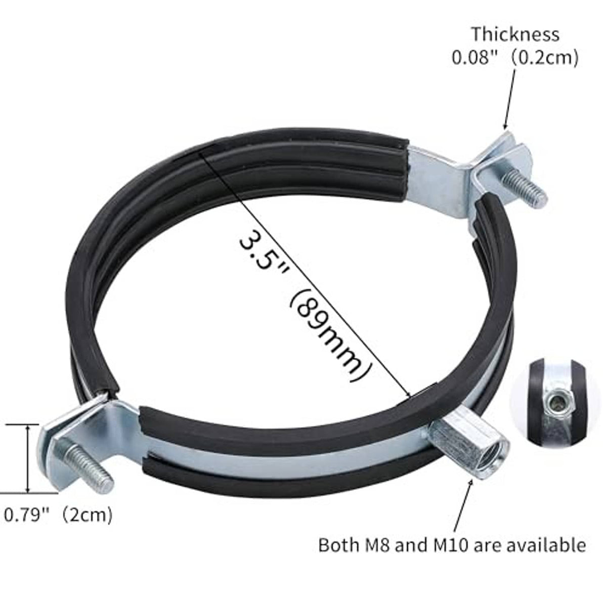 Split ring pipe hanger clamp, black rubber, galvanized bracket with screw bolt