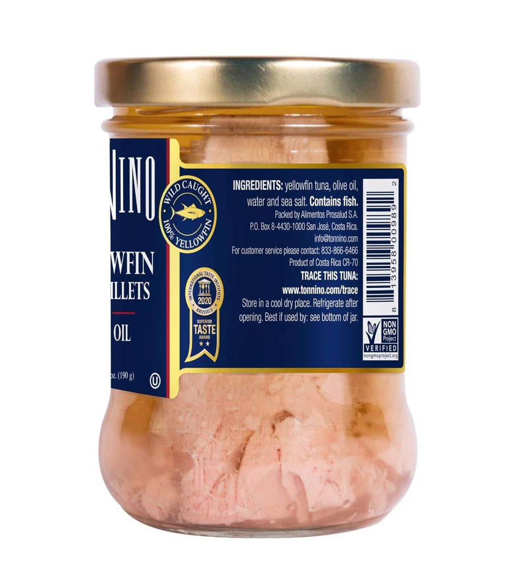 Yellowfin tuna fillets jar back label with ingredients, barcode, and certification icons