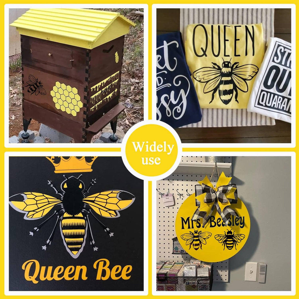 Craft display of bee and honeycomb stencil designs on signs, towels, and home items