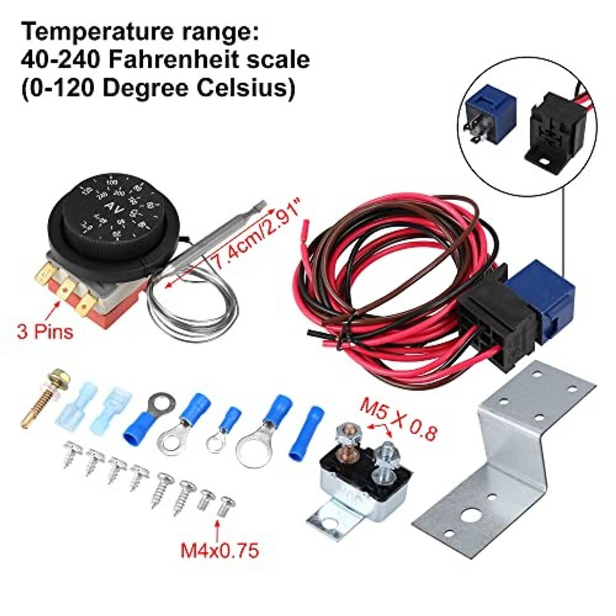 Adjustable 12V thermostat controller kit with dial, wiring harness, and U-shaped mounting brackets