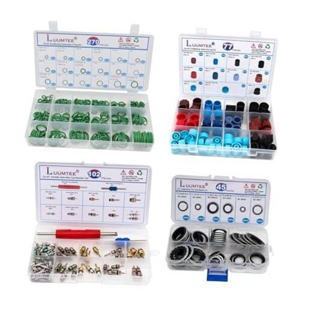 4-piece A/C repair kit set with assorted O-ring seals and valve tools in plastic tray