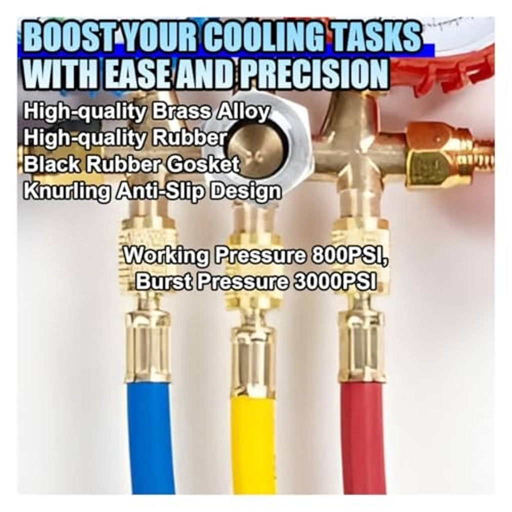 Yellow refrigerant hose with brass alloy fittings and threaded couplers