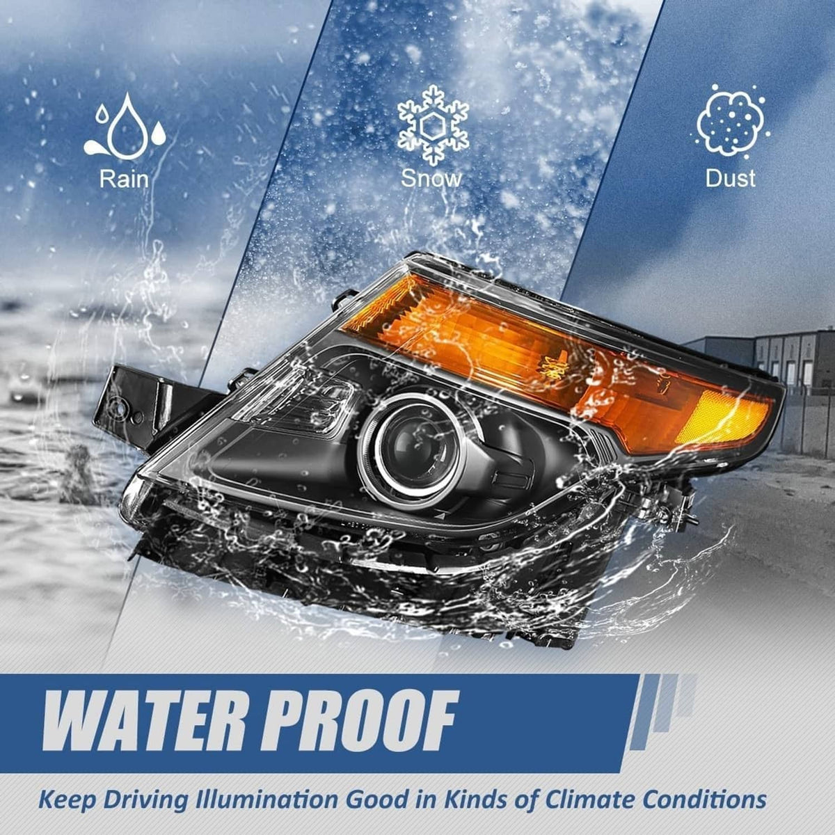 Projector headlight with black housing and amber lens, shown with water splash