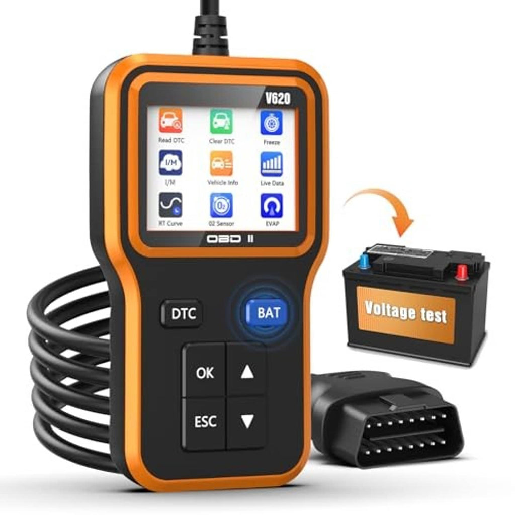 Orange handheld OBD2 scanner with screen and buttons, plus BAT voltage tester module