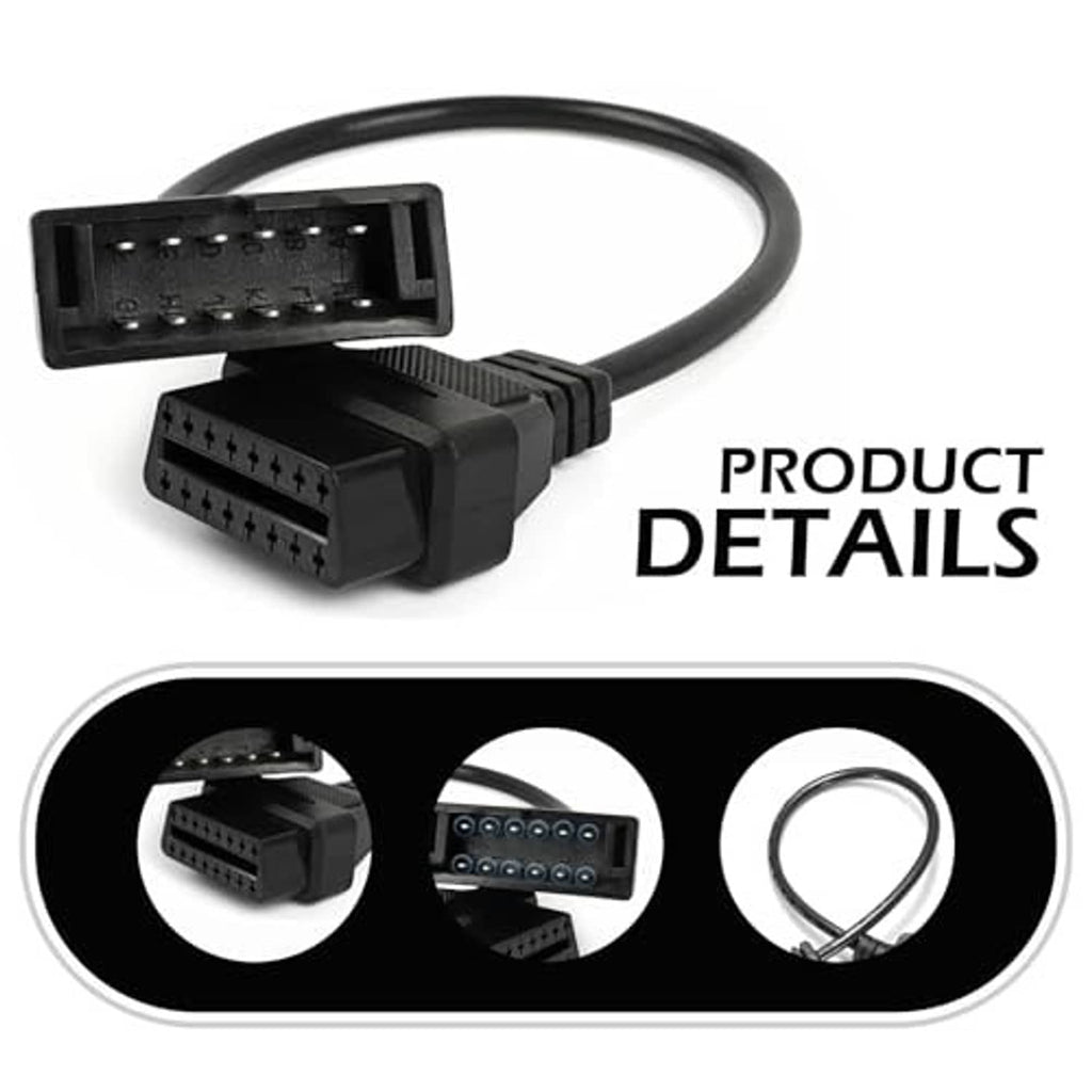 OBD adapter cable with exposed pin blocks, black 12-pin and 16-pin connectors
