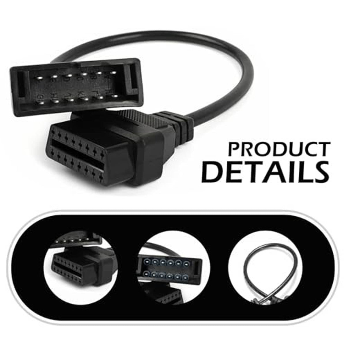 OBD adapter cable with exposed pin blocks, black 12-pin and 16-pin connectors