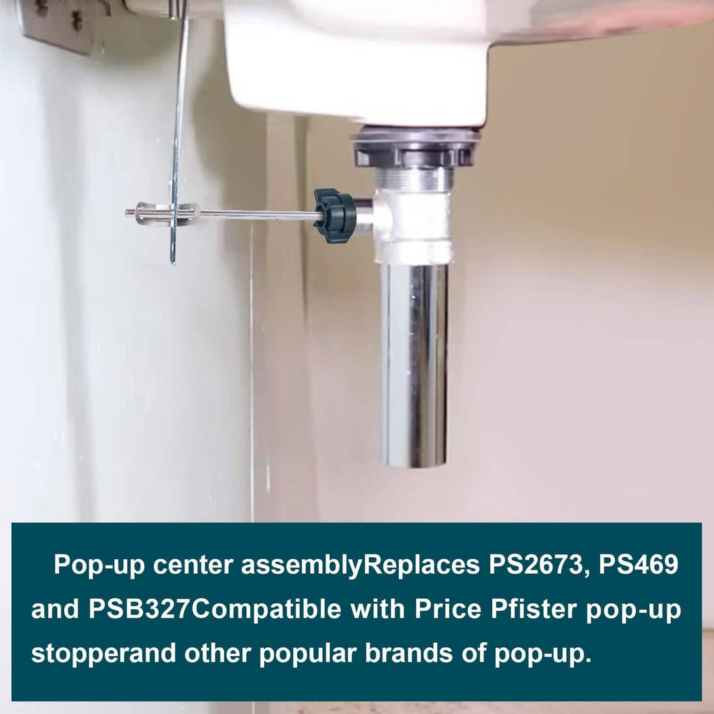 Silver pop-up drain center assembly with metal rod and blue pivot clip