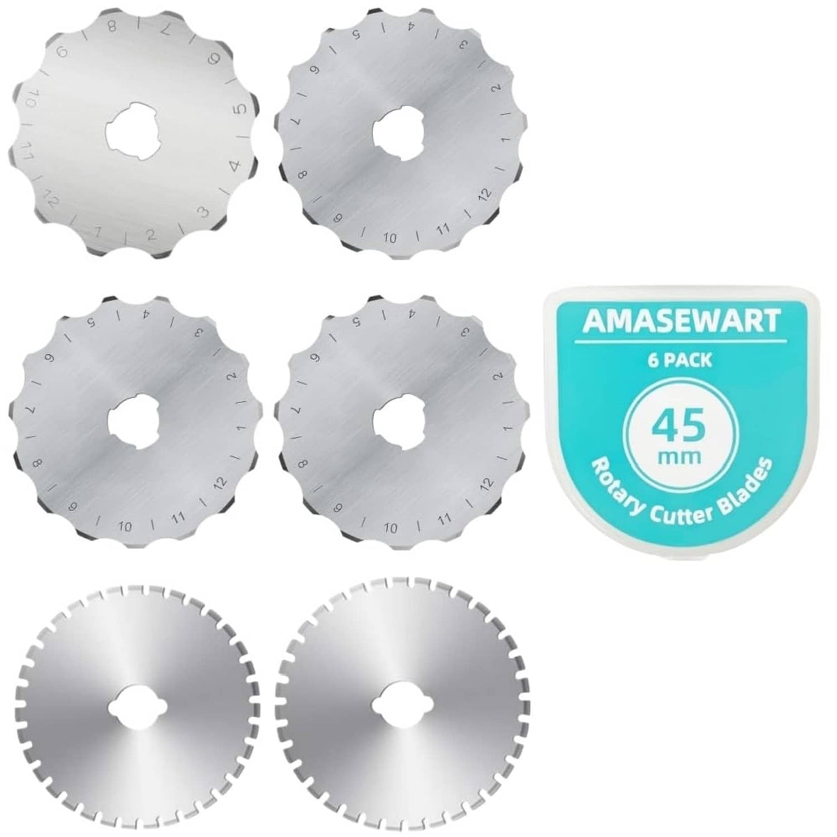 45mm skip-stitch rotary cutter blades, light gray discs in a 6-pack set