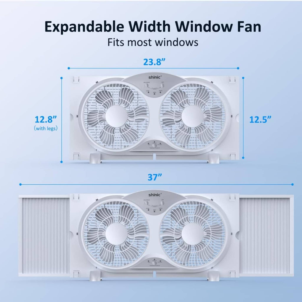 Expandable white window fan with twin circular blades, shown with size measurements