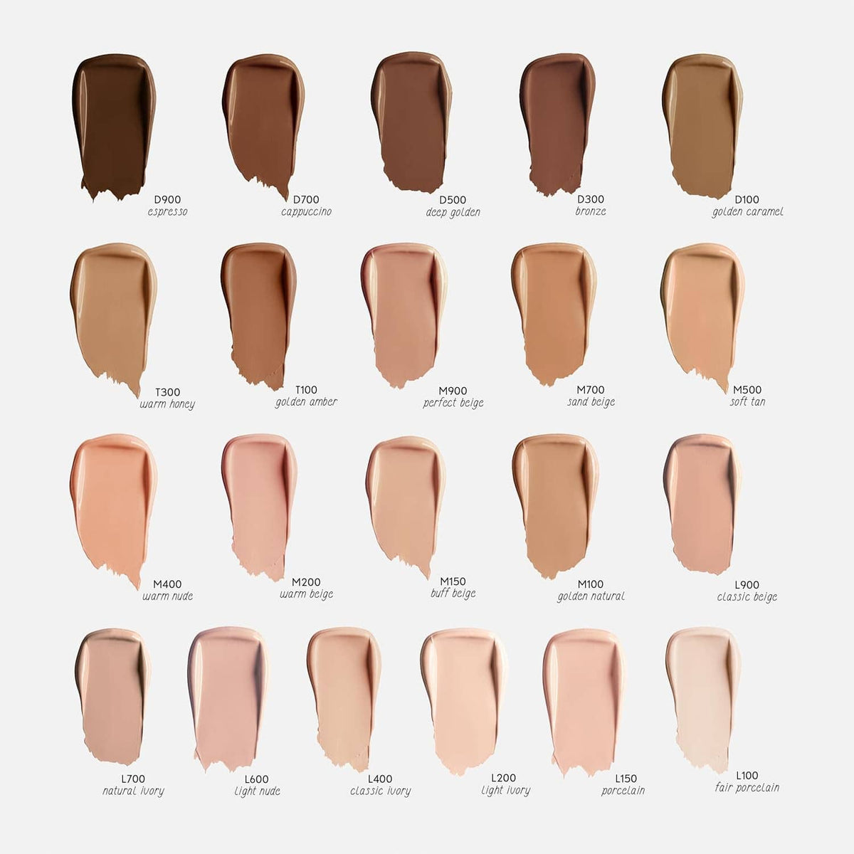 Assorted concealer shade swatches in varied beige to brown tones lineup