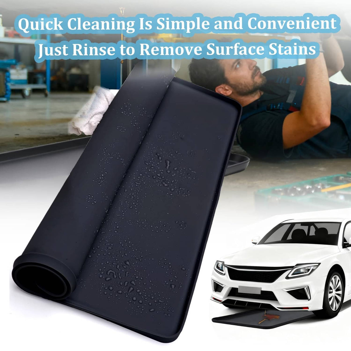 Rolled black waterproof oil drip pan mat with water droplets for easy rinsing
