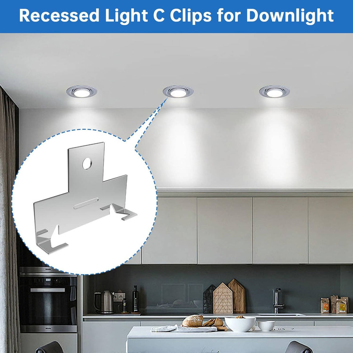 Silver recessed light C clips securing downlights in a ceiling