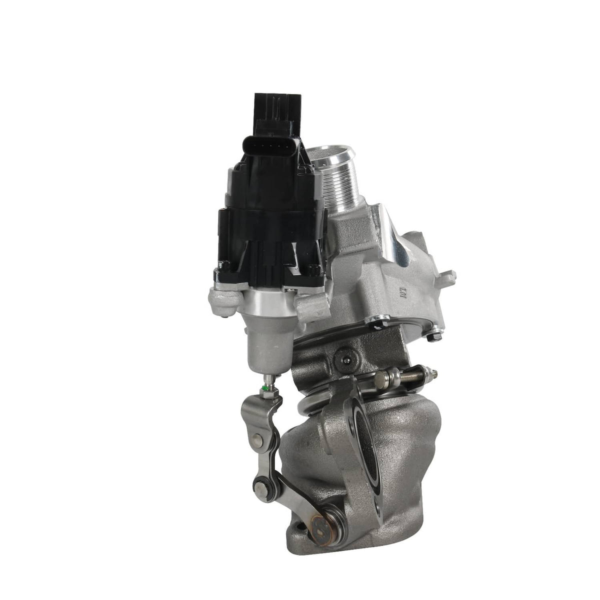 Driver-side turbocharger with silver housing and black electrical connector
