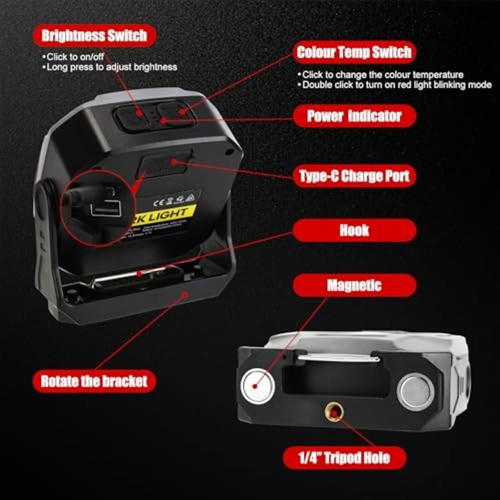 Rechargeable work light with control buttons, Type-C port, rotating bracket, hook and magnet base