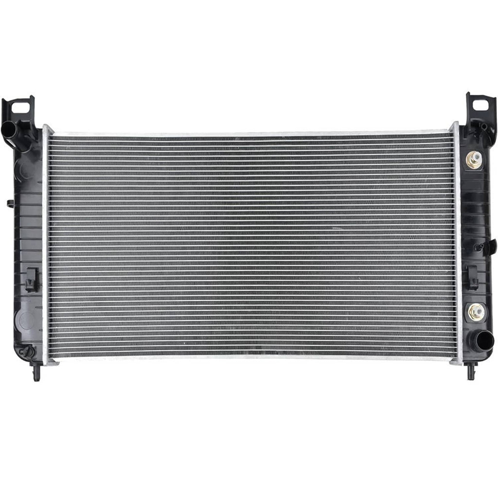 Metal radiator with silver fin rows and black end mounts with screw holes