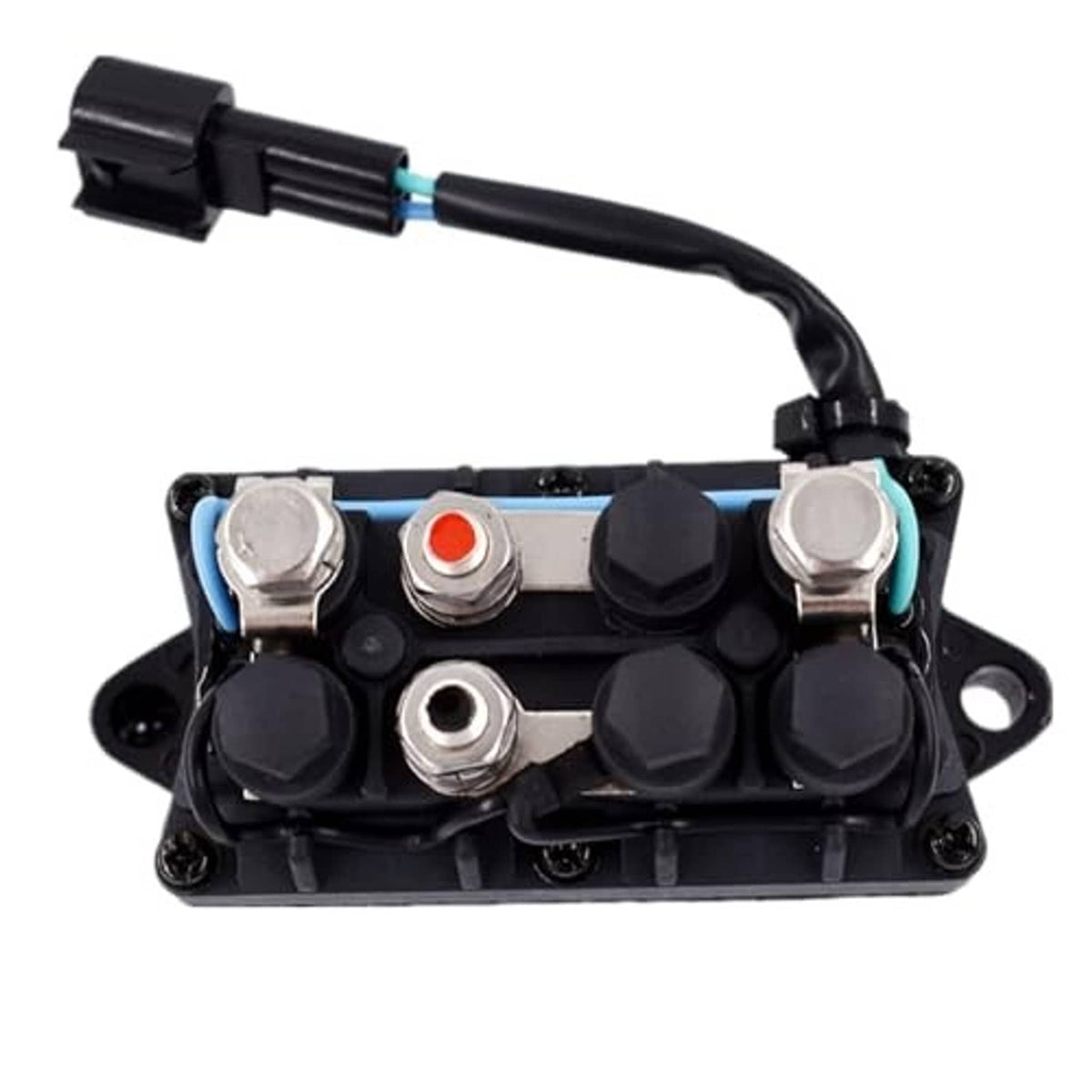 Black relay switch base with metal nuts, central red-topped terminal, and cable connector