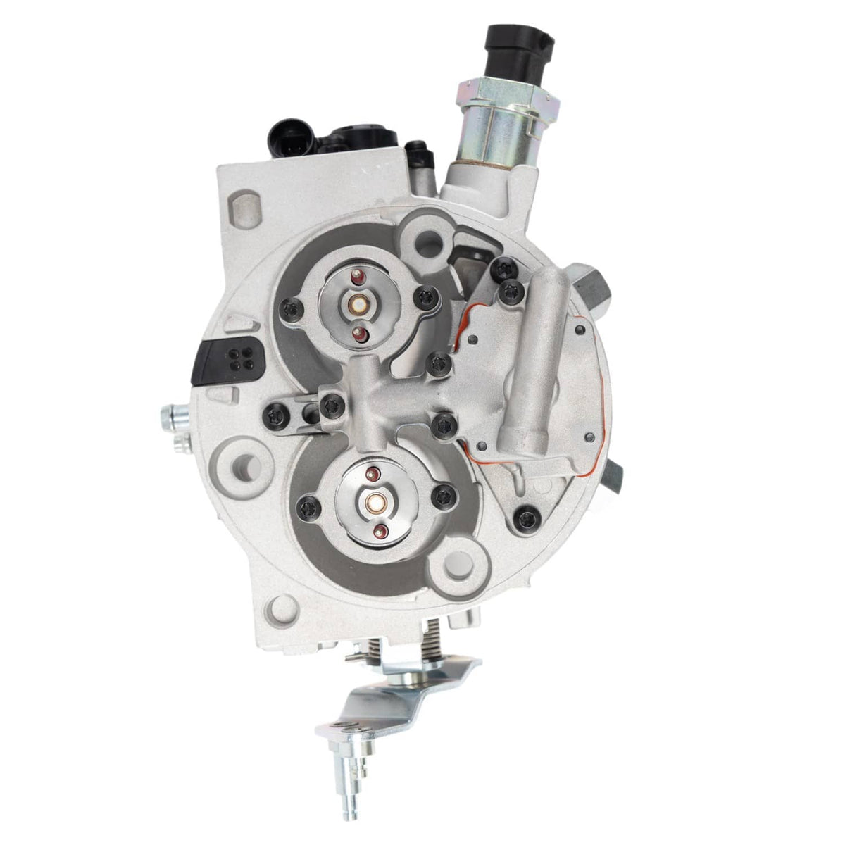 Throttle body assembly back view with circular sensor covers and wiring connector