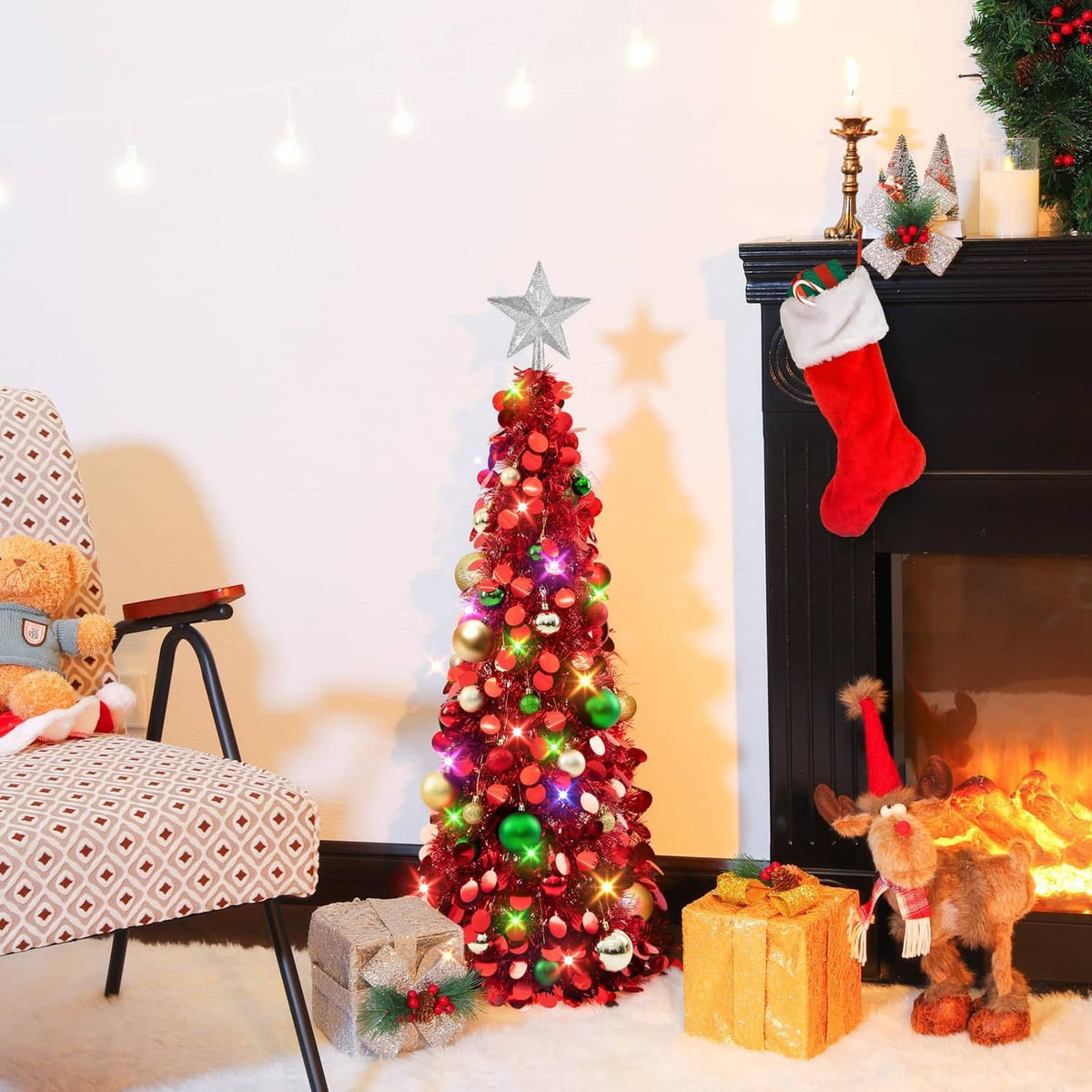 Red pop-up Christmas tree with glowing multicolor LED lights, ornaments, and star topper