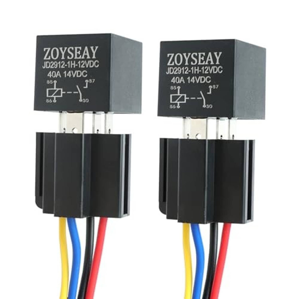 SPDT relays with wiring harness socket, dual pack, yellow/blue/red leads and pin terminals