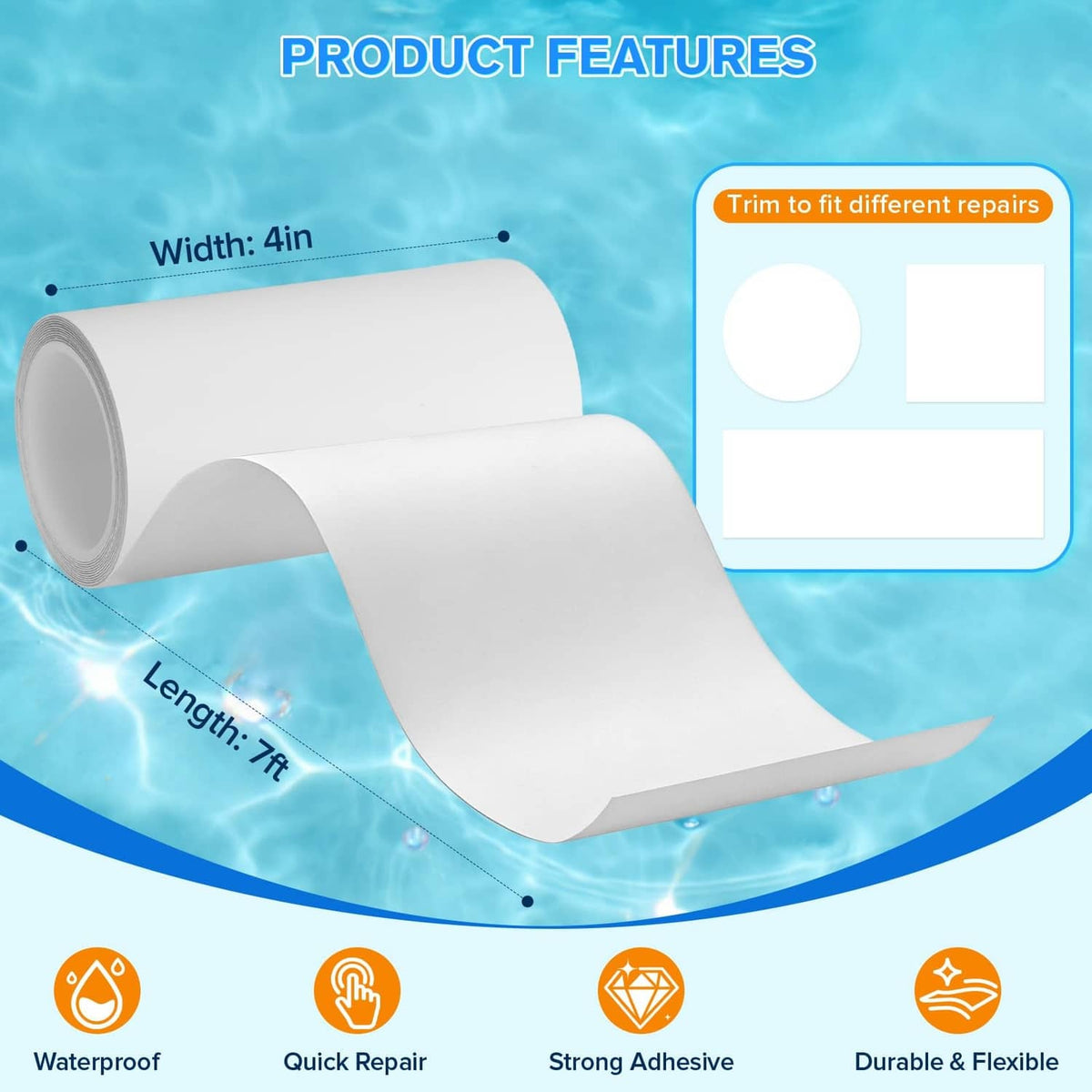 White repair tape roll, 4 in width and 7 ft length for trimming different repairs