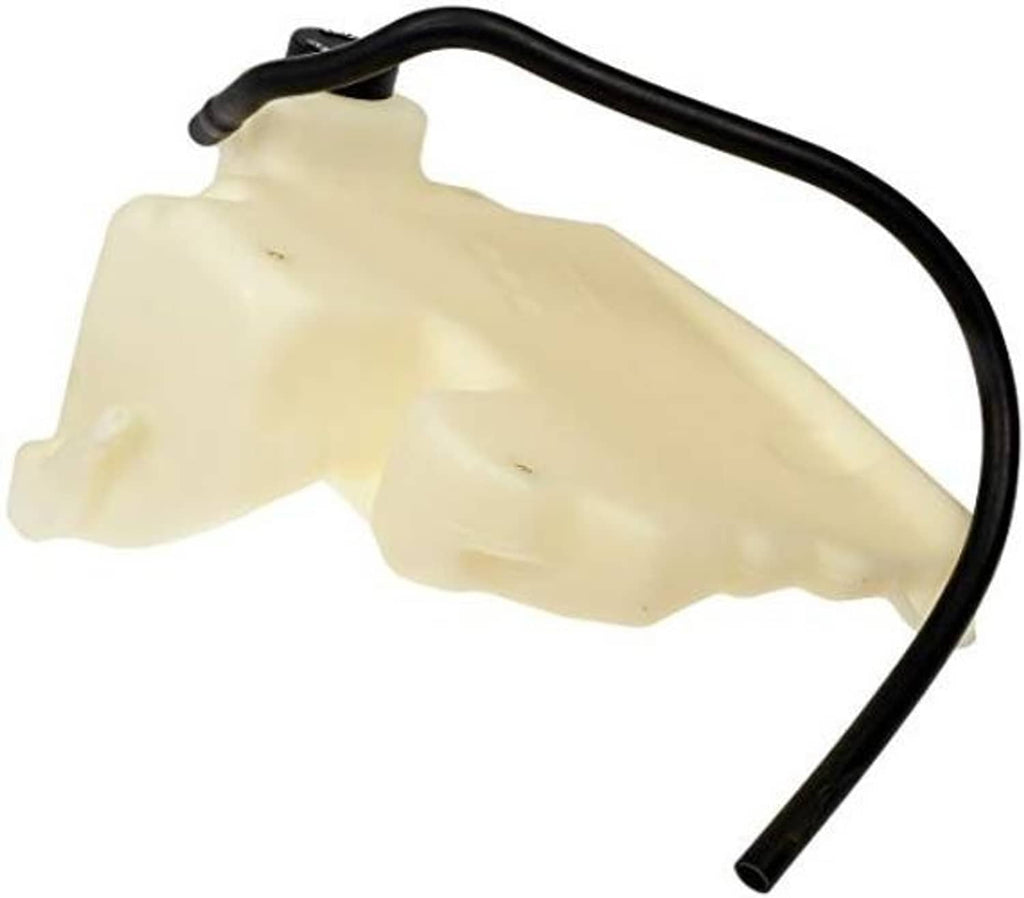 Cream coolant reservoir with attached black hoses and mounting tabs