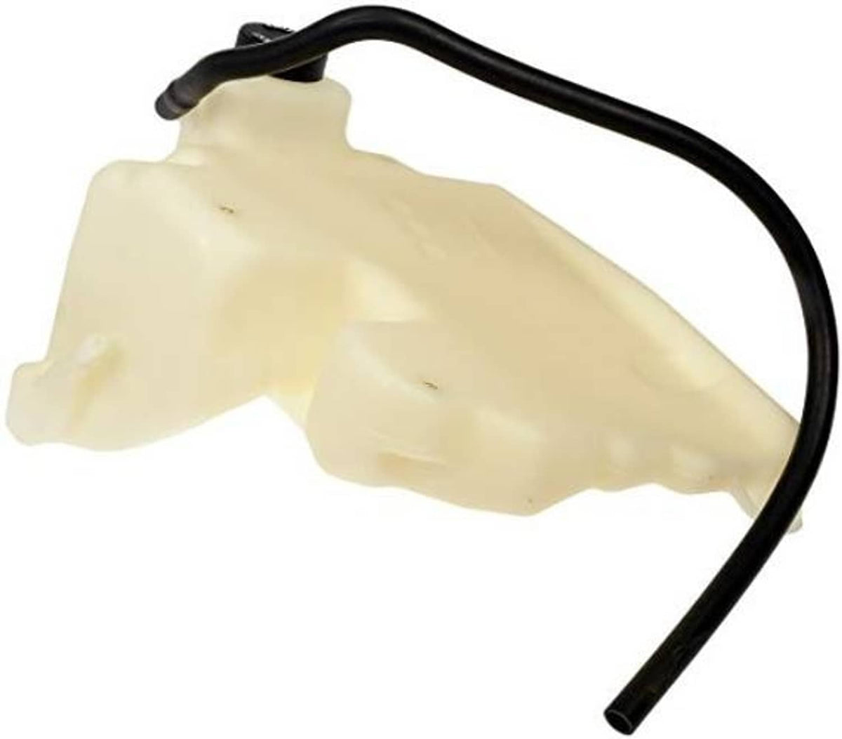Cream coolant reservoir with attached black hoses and mounting tabs