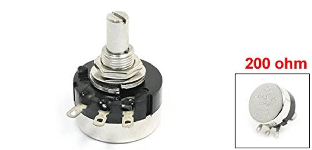 200 ohm potentiometer with metal shaft, black housing, and panel-mount terminals