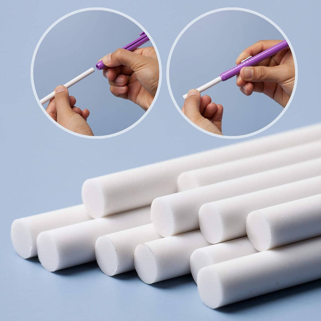 White mechanical eraser refill sticks, shown being inserted into a purple retractable pen