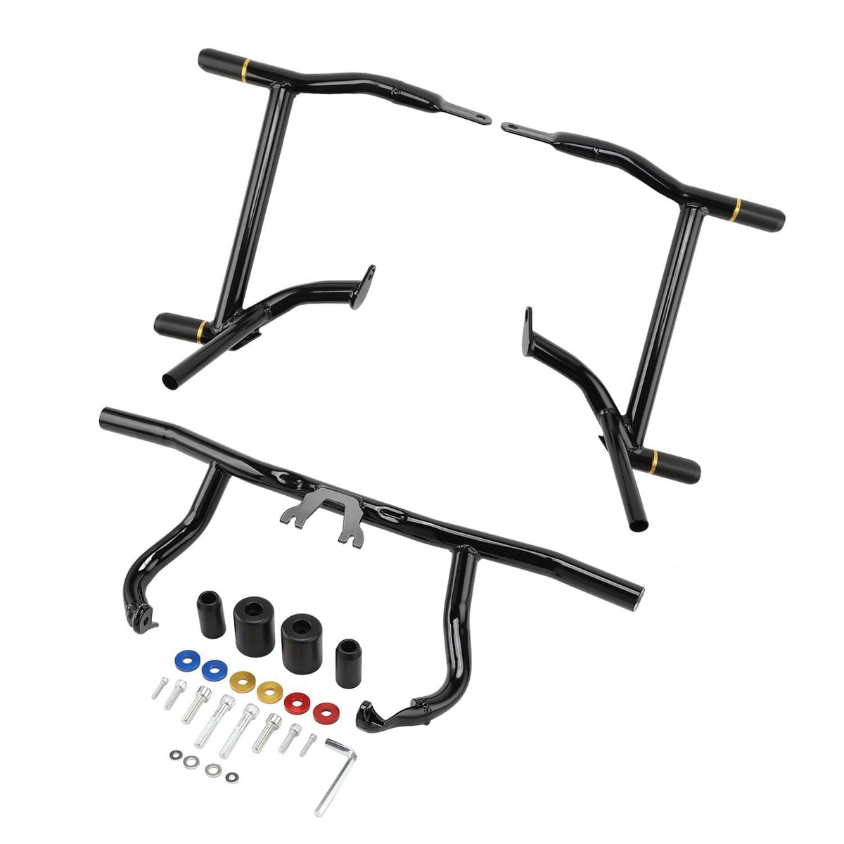 Black crash bar kit with curved tubular bars and small mounting tabs and hardware