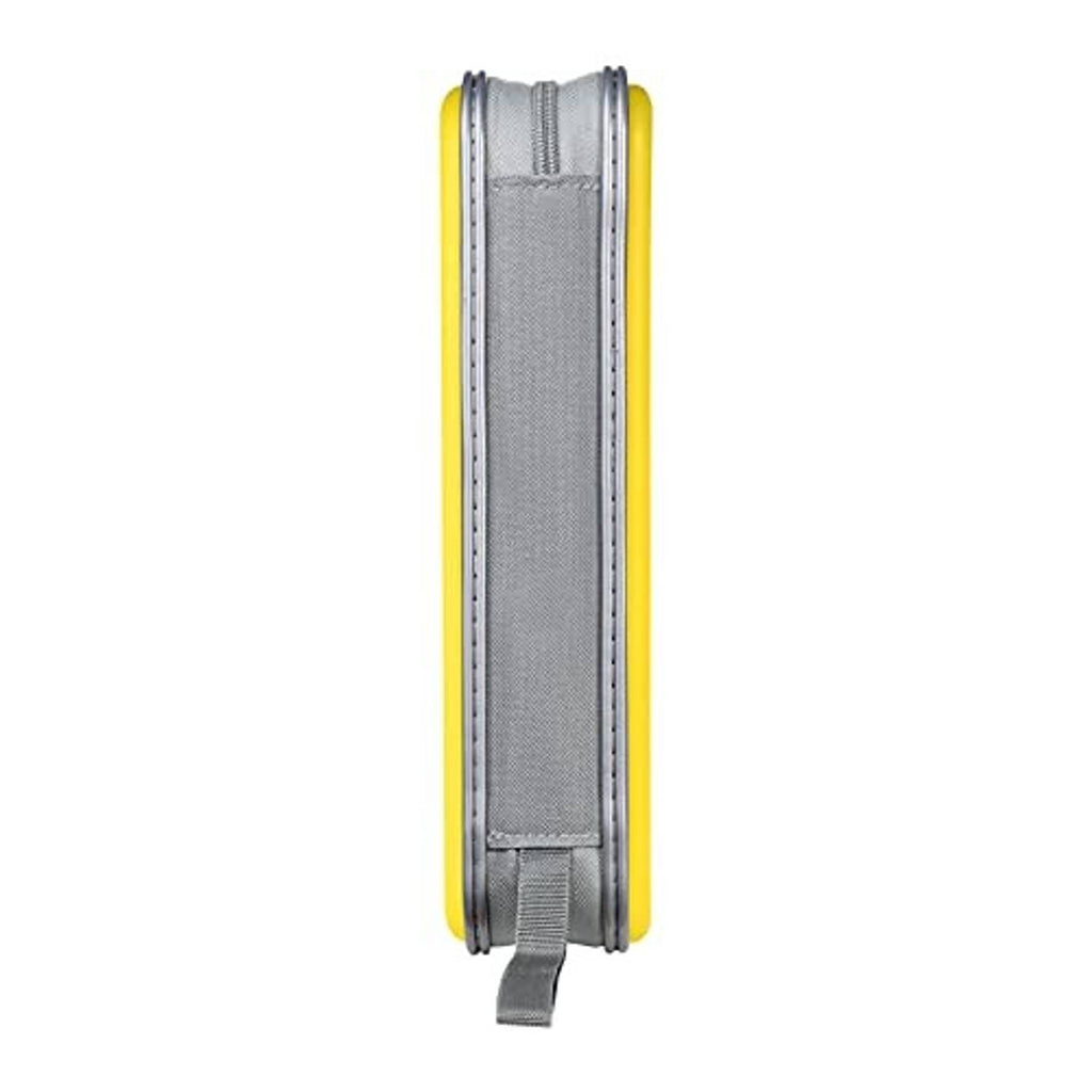 Side view of yellow hard plastic CD/DVD case with gray carrying strap and stacked spine