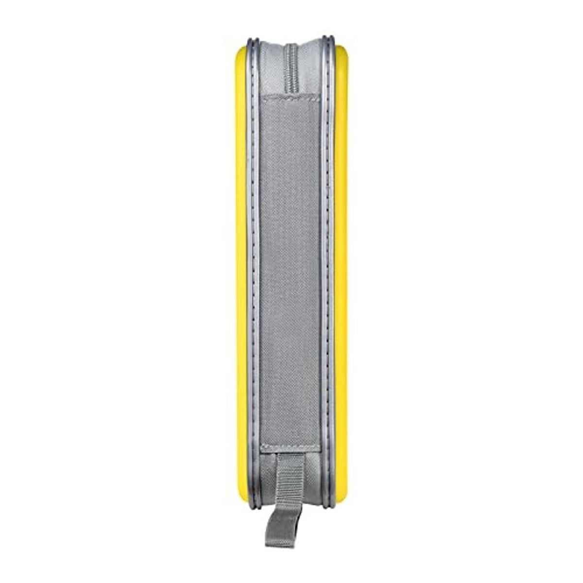 Side view of yellow hard plastic CD/DVD case with gray carrying strap and stacked spine