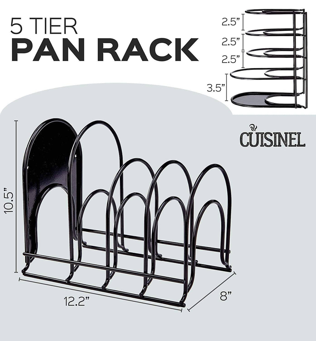 Black 5-tier pan rack with arched supports and multiple pan slots, dimension view