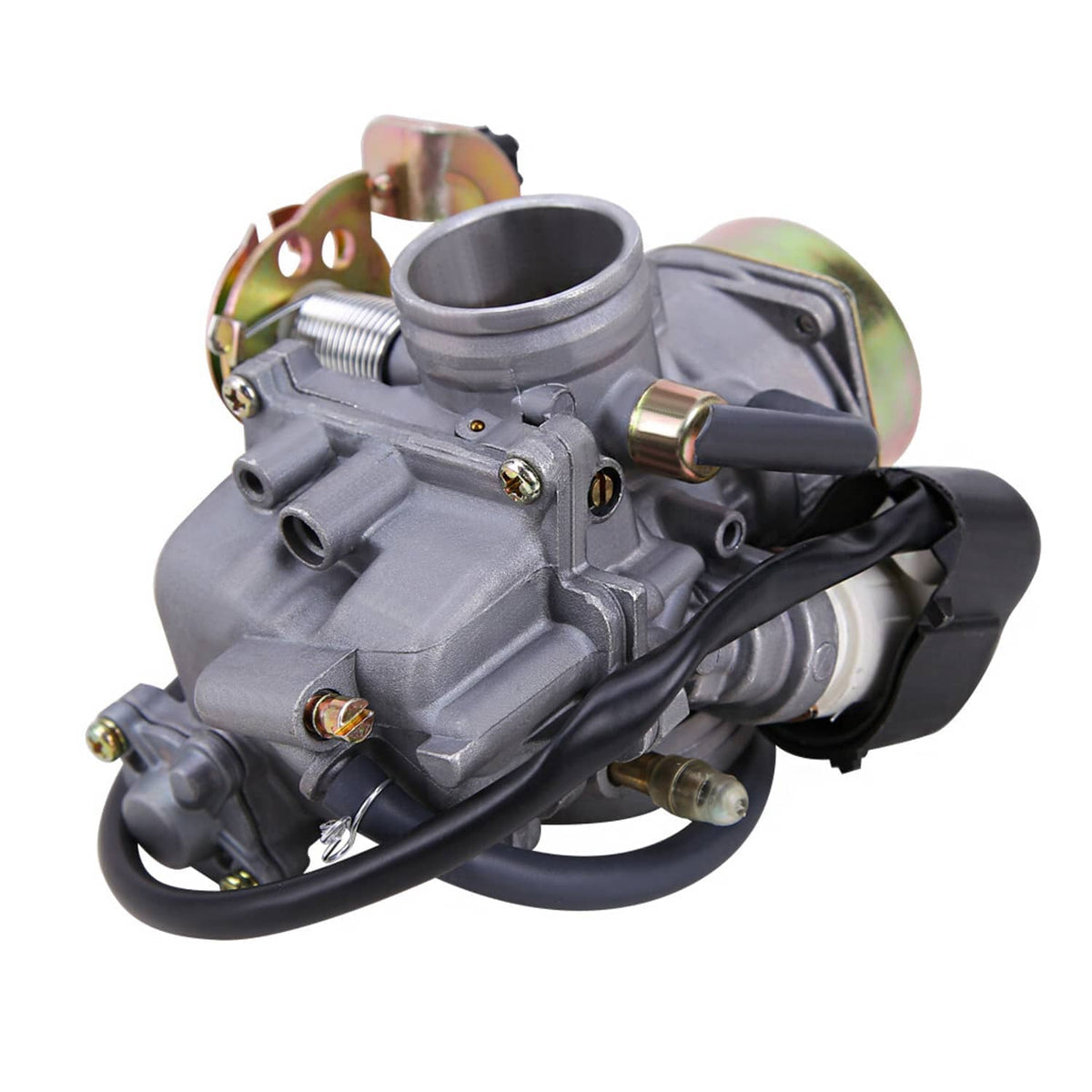 30mm carburetor for scooter or ATV engine, gray body with black hoses and mounting parts