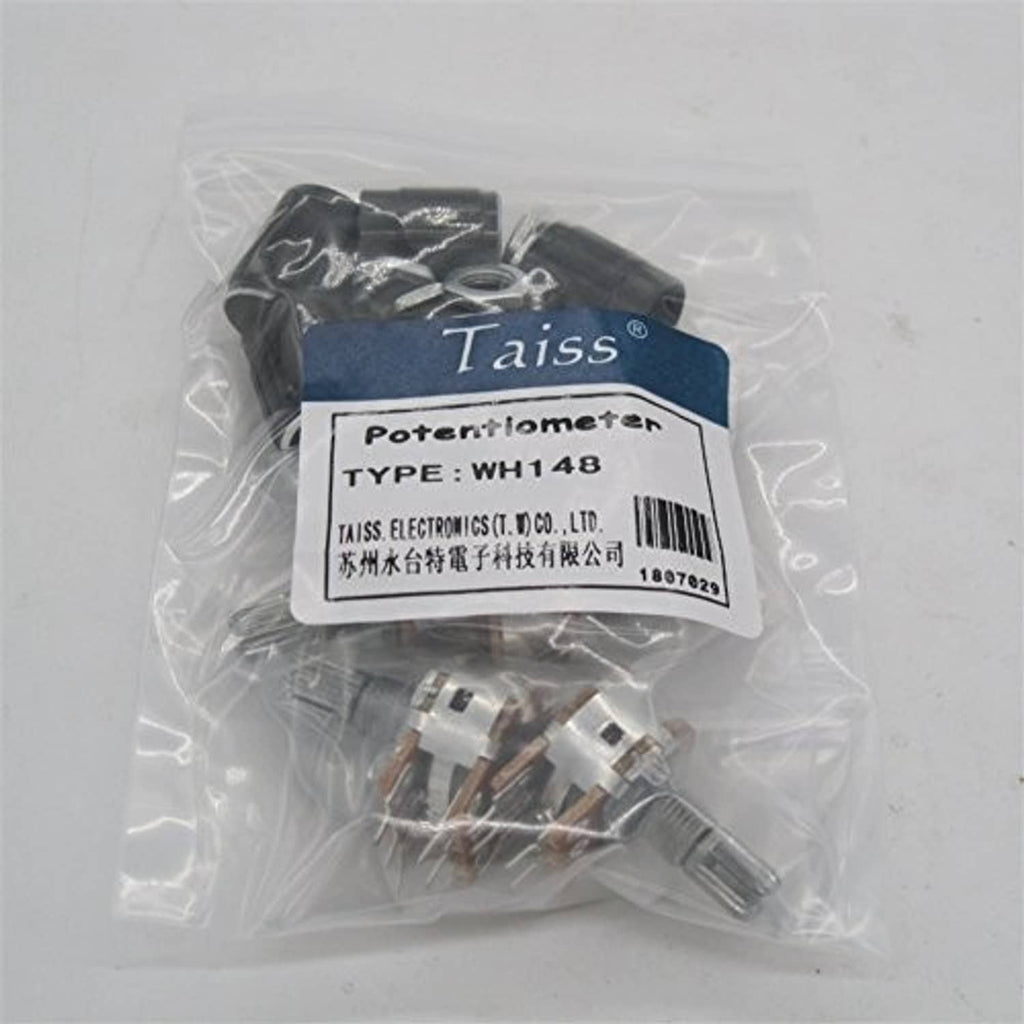 Bagged potentiometers with label, including split-shaft units and metal mounting nuts