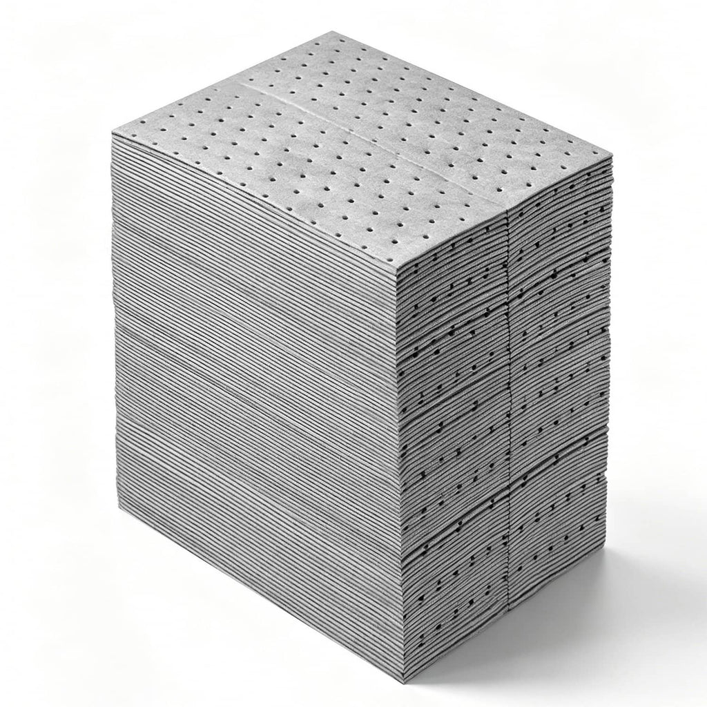 Stack of oil and water absorbent pads, grey, perforated dot top, 13 x 10 in