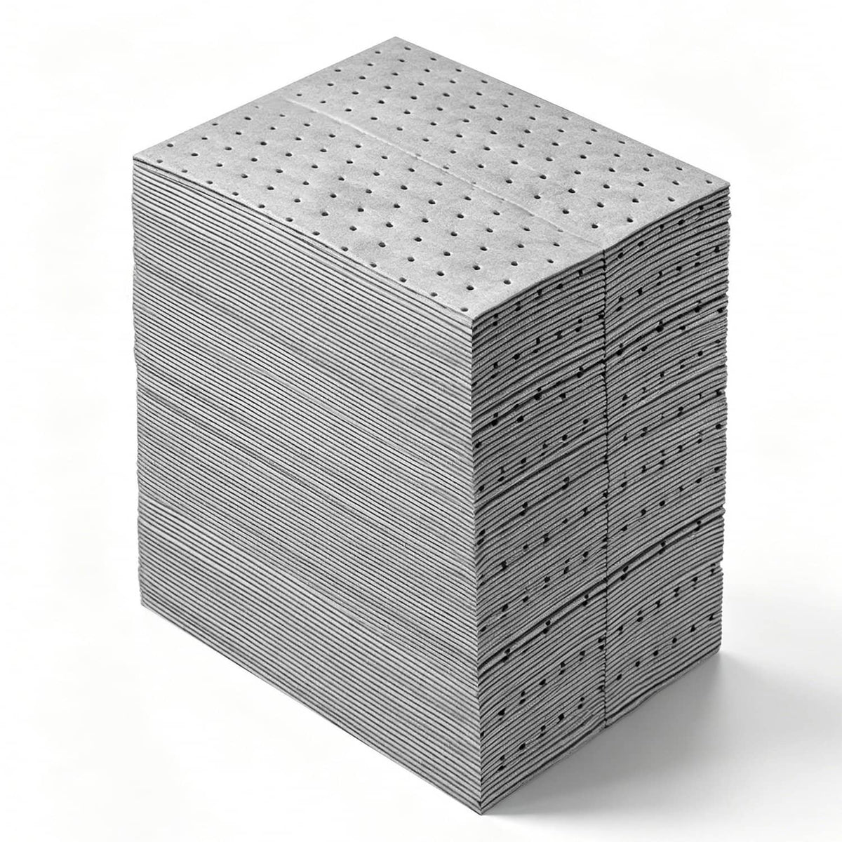 Stack of oil and water absorbent pads, grey, perforated dot top, 13 x 10 in