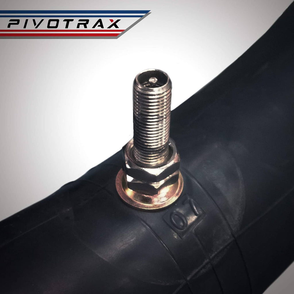 Heavy-duty motorcycle inner tube TR4 valve stem close-up, threaded metal valve on black rubber.
