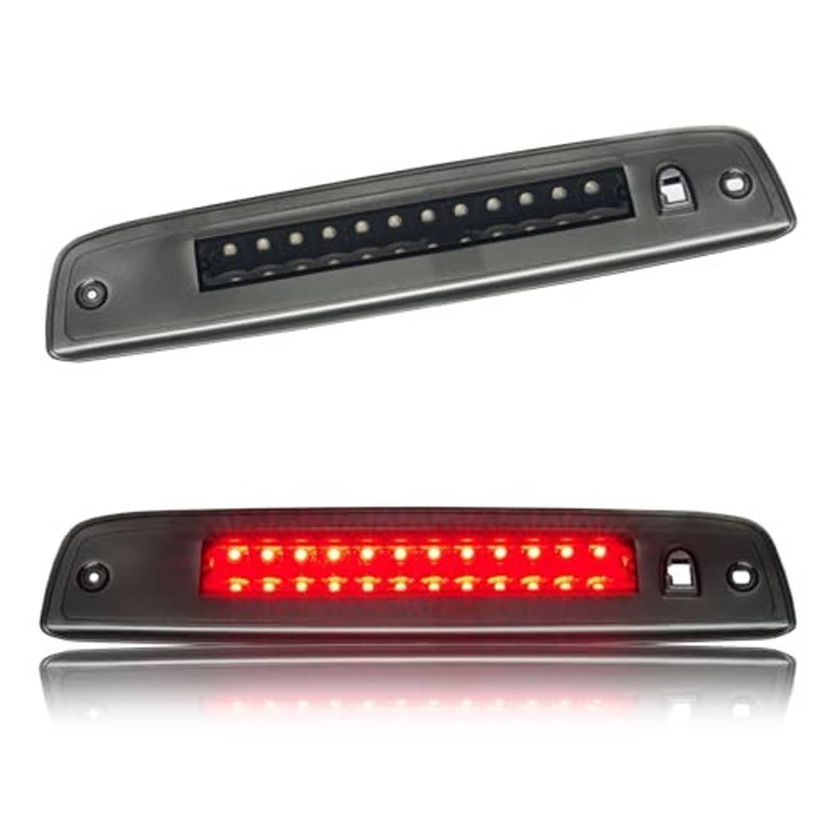 Third brake light LED module with dark housing and red LED strip illuminated