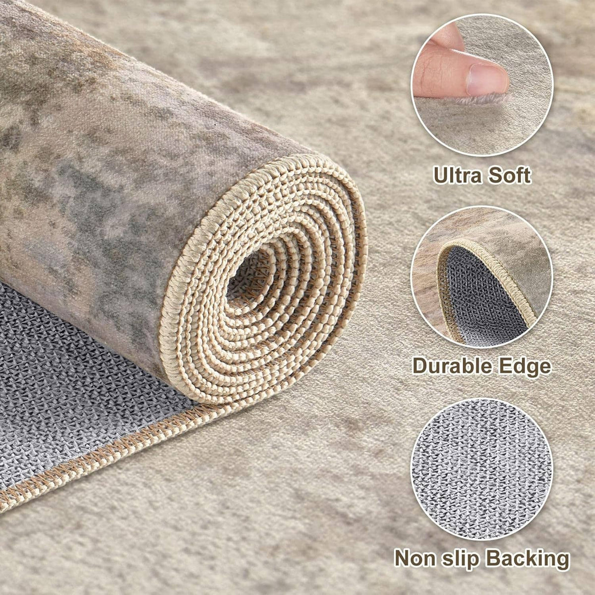 Close-up of distressed beige and gray area rug rolled edge with non-slip backing