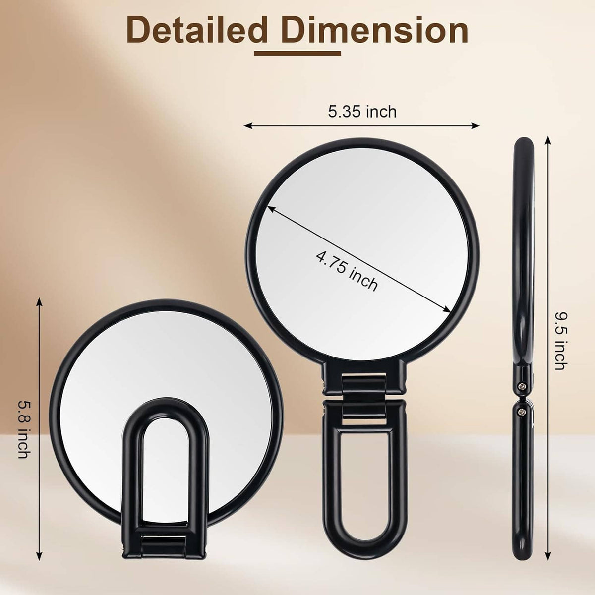 Black round magnifying handheld mirror with foldable handle, shown with sizing views