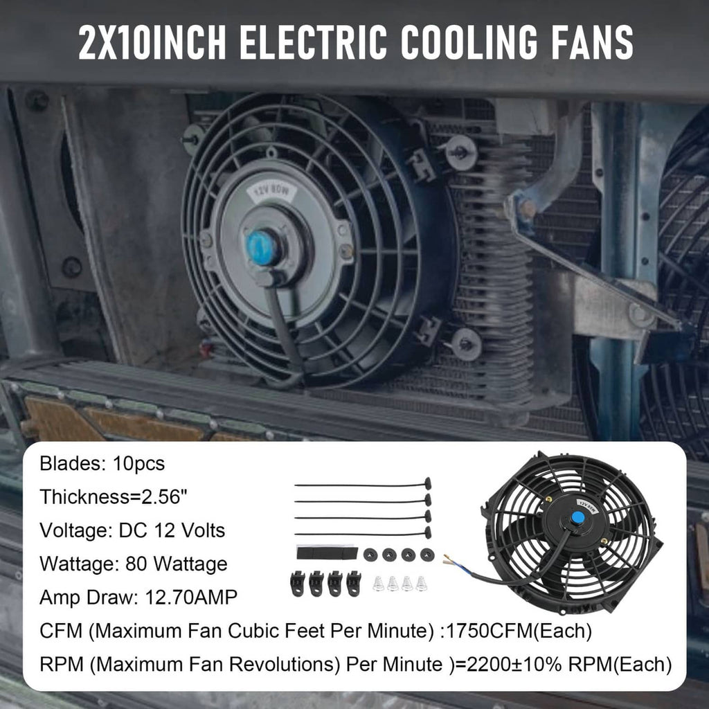 Two 10-inch electric cooling fans mounted in an engine compartment