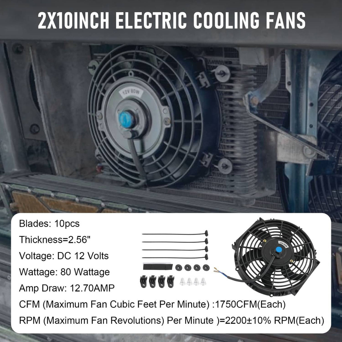 Two 10-inch electric cooling fans mounted in an engine compartment