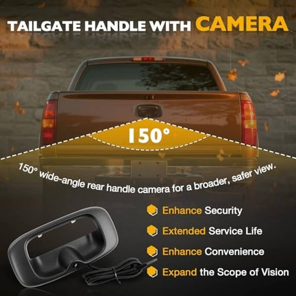 Black tailgate handle with integrated backup camera and connected cable