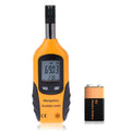 Handheld digital psychrometer meter, orange and black, with LCD showing humidity and temperature