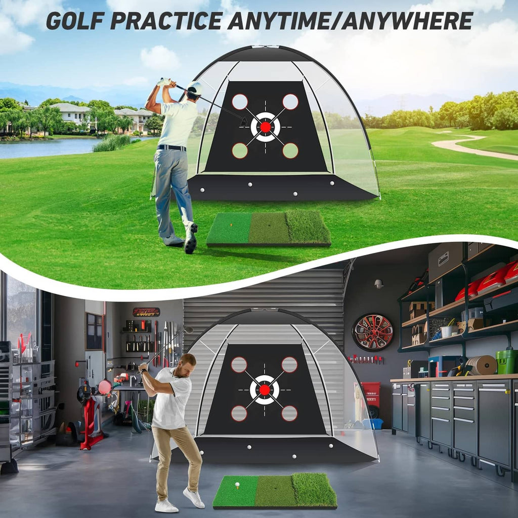 Golf practice net and tri-turf mat with target board for outdoor swings