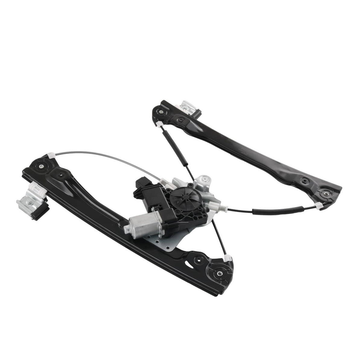 Front driver side power window regulator with motor, black regulator frame and cables