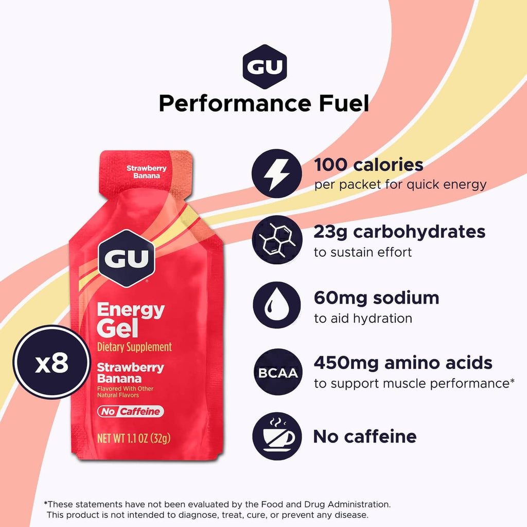 GU Energy Gel x8 pack with performance fuel icons, strawberry banana flavor