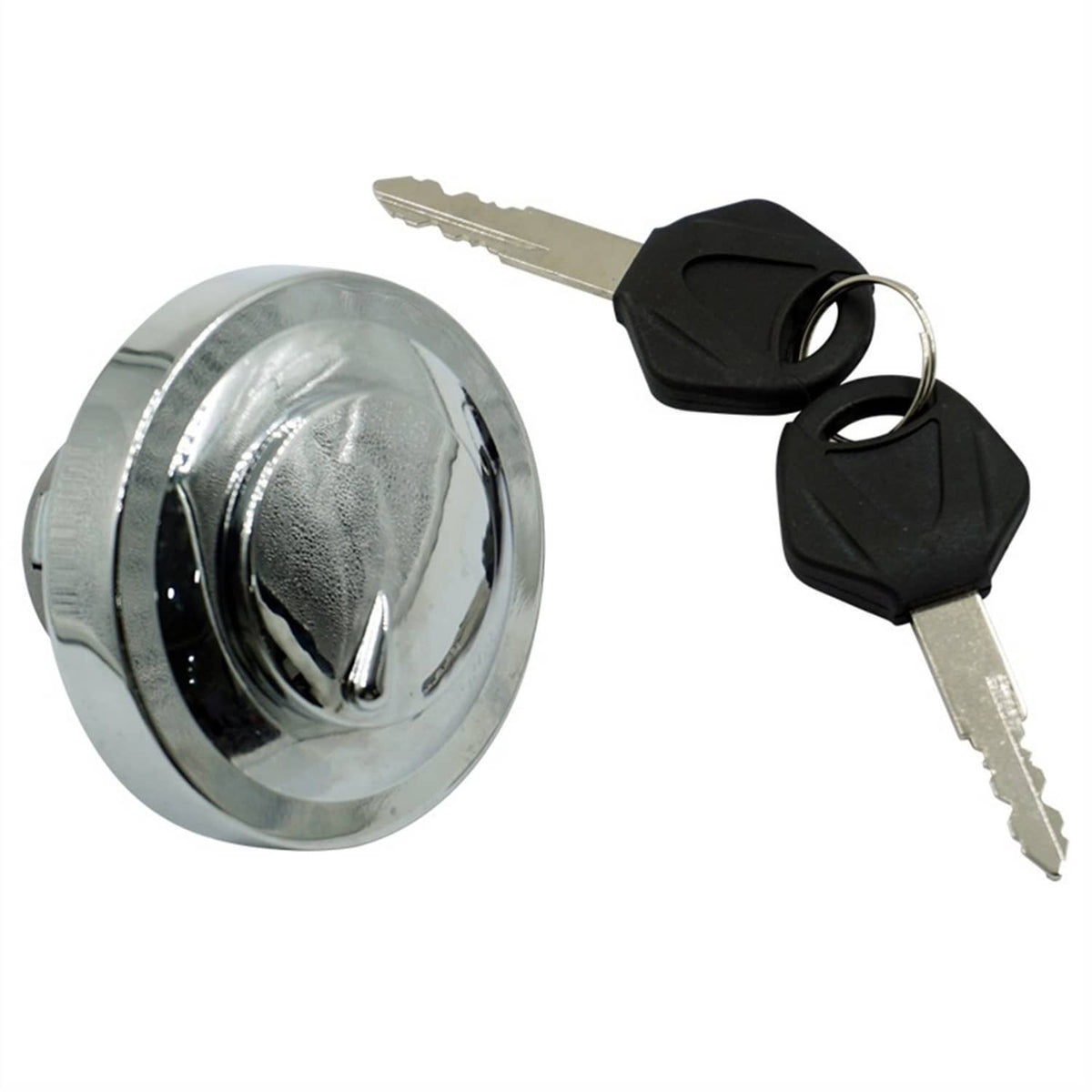 Chrome fuel tank cap face with two black keys and key rings